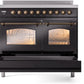 Ilve UPDI406NMPBKB Nostalgie Ii 40 Inch Electric Freestanding Range In Glossy Black With Bronze Trim