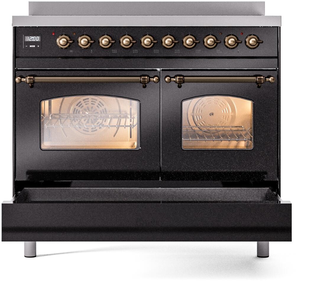 Ilve UPDI406NMPBKB Nostalgie Ii 40 Inch Electric Freestanding Range In Glossy Black With Bronze Trim