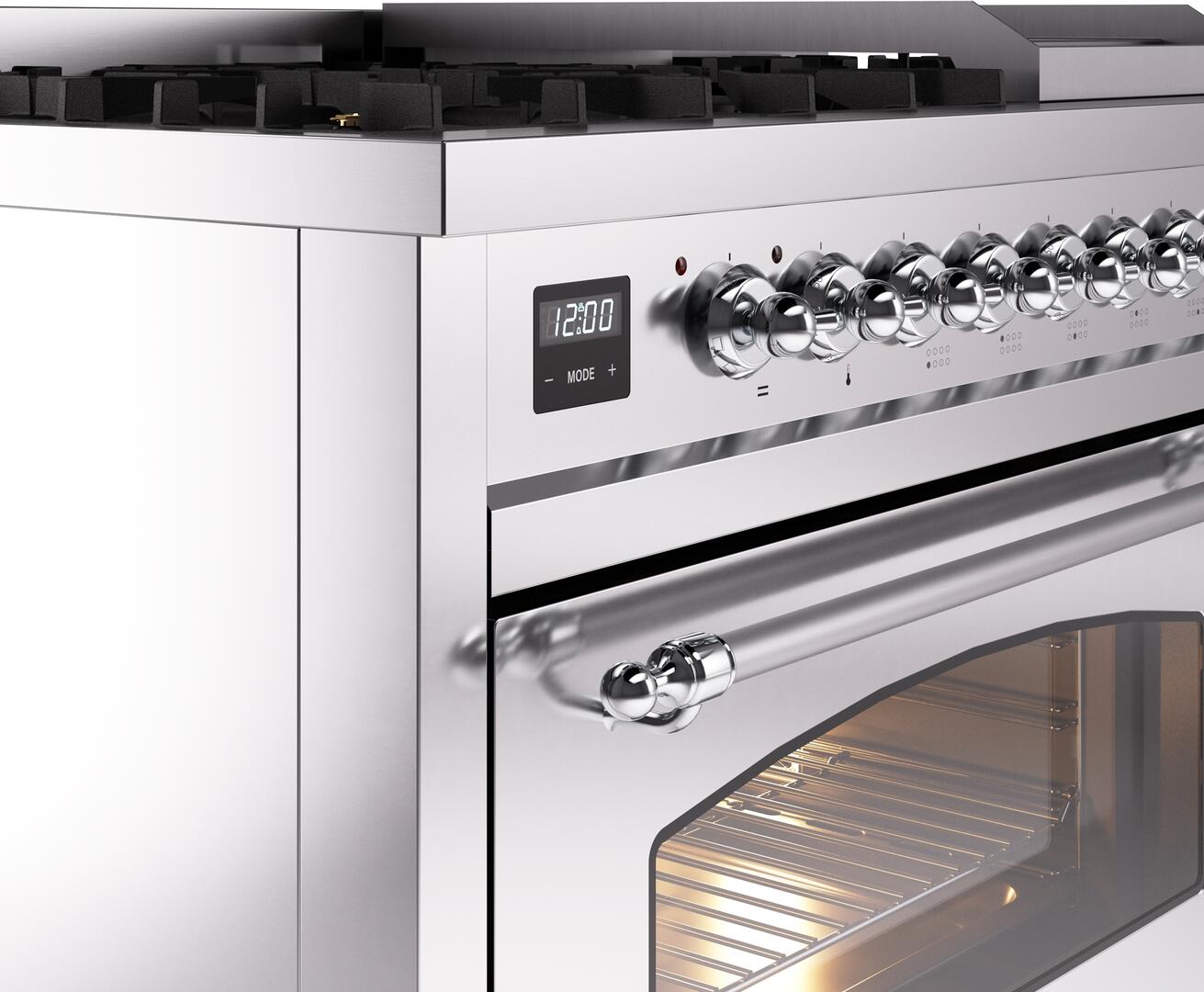 Ilve UP48FNMPSSC Nostalgie Ii 48 Inch Dual Fuel Natural Gas Freestanding Range In Stainless Steel With Chrome Trim