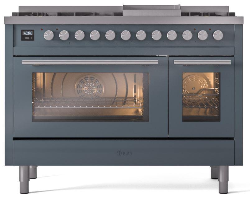 Ilve UP48FWMPBG Professional Plus Ii 48 Inch Dual Fuel Natural Gas Freestanding Range In Blue Grey With Trim