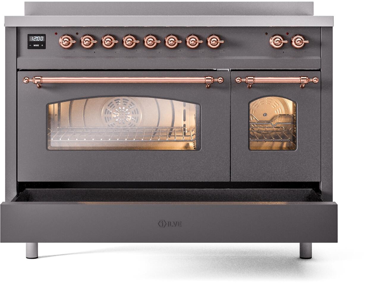 Ilve UPI486NMPMGP Nostalgie Ii 48 Inch Electric Freestanding Range In Matte Graphite With Copper Trim