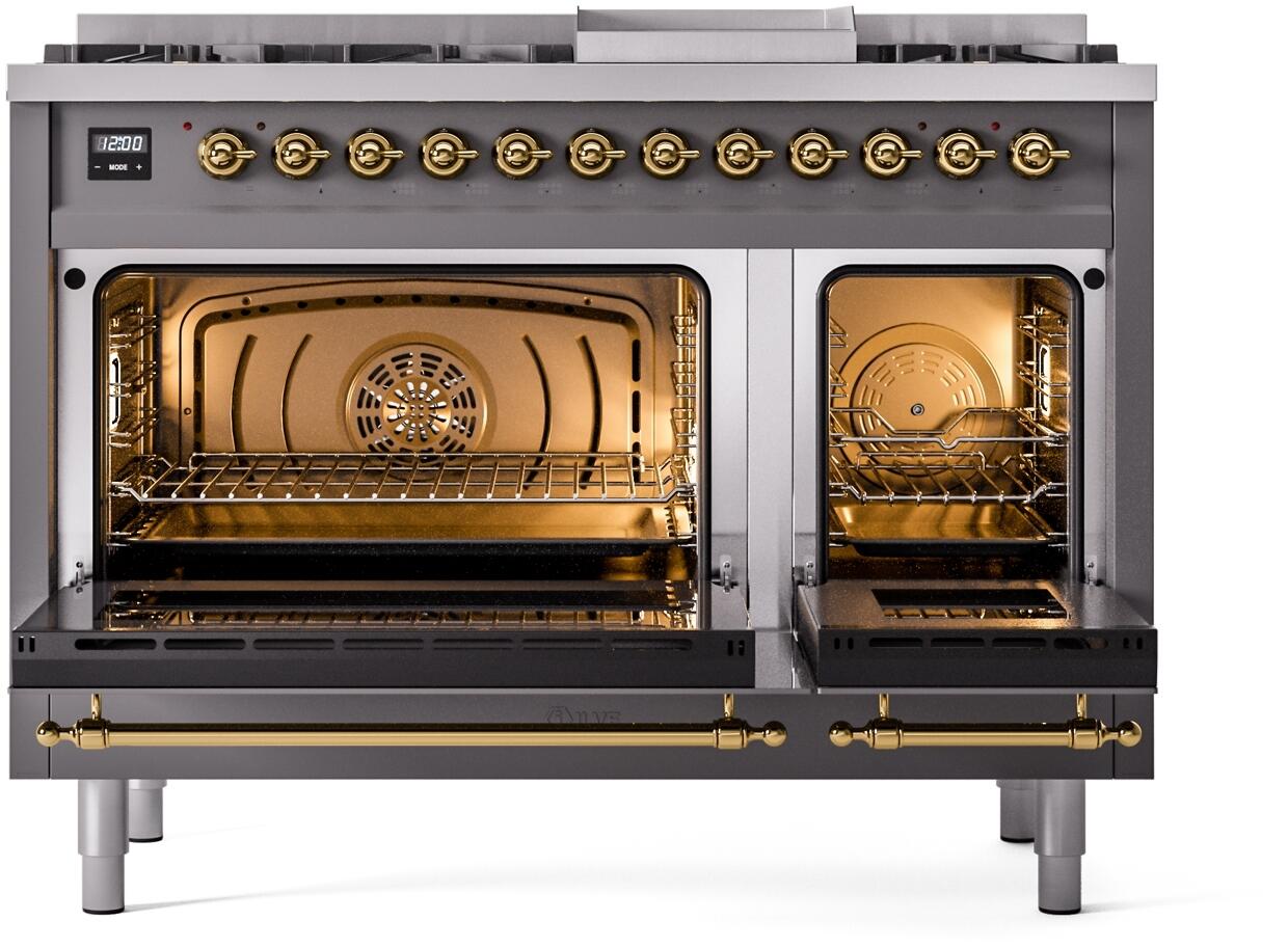 Ilve UP48FNMPMGG Nostalgie Ii 48 Inch Dual Fuel Natural Gas Freestanding Range In Matte Graphite With Brass Trim