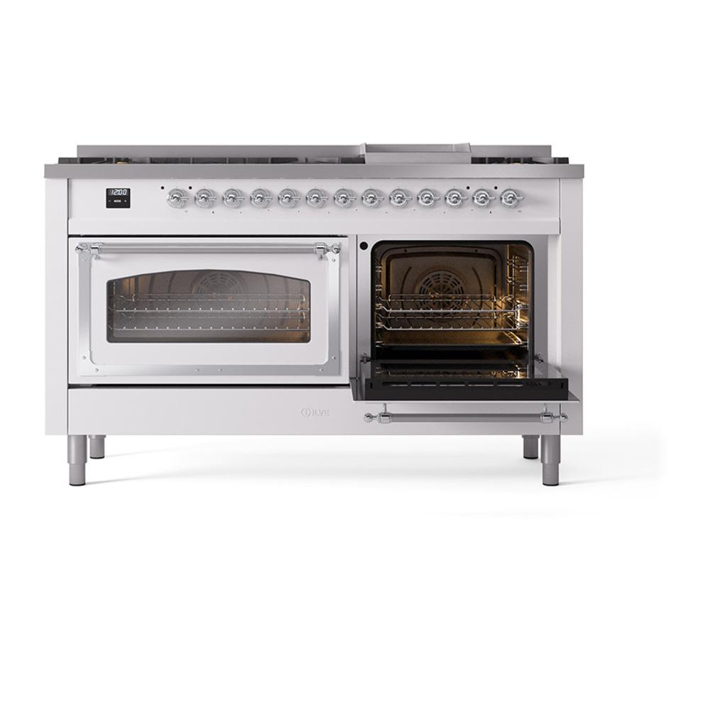 Ilve UN60FNMPWHC Ilve Un60Fnmpwhc Nostalgie Ii Noblesse 60" Dual Fuel Range (9 Sealed Burners + Griddle, Natural Gas, Triple Glass Door, White, Chrome)