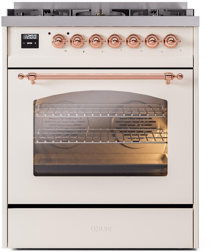 Ilve UP30NMPAWPLP Nostalgie Ii 30 Inch Dual Fuel Liquid Propane Freestanding Range In Antique White With Copper Trim