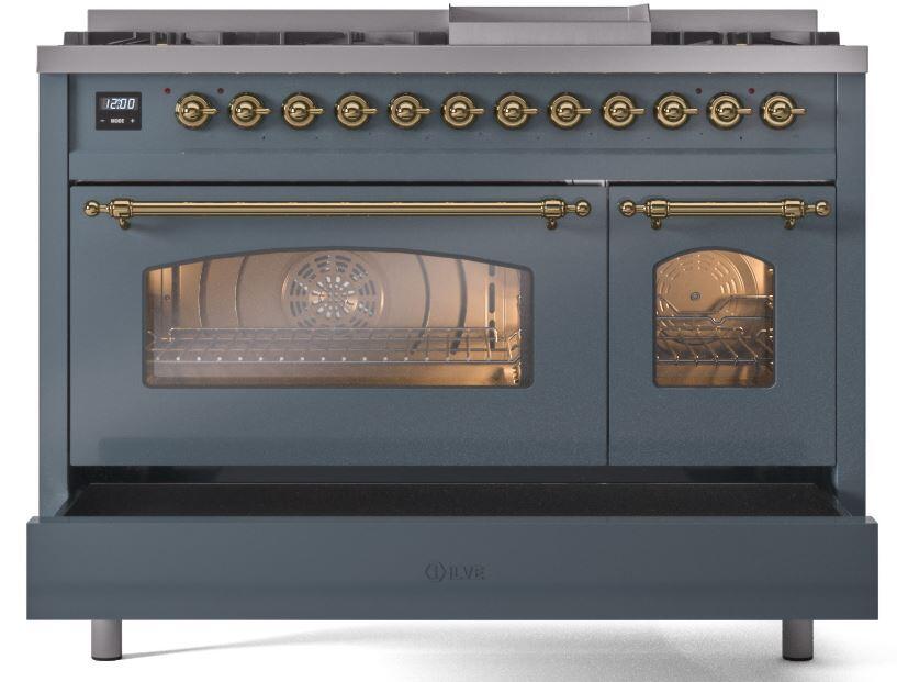 Ilve UP48FNMPBGG Nostalgie Ii 48 Inch Dual Fuel Natural Gas Freestanding Range In Blue Grey With Brass Trim