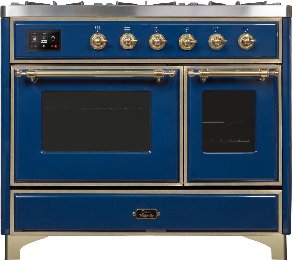 Ilve UMD10FDNS3MBGLP Majestic Ii 40 Inch Dual Fuel Liquid Propane Freestanding Range In Blue With Brass Trim