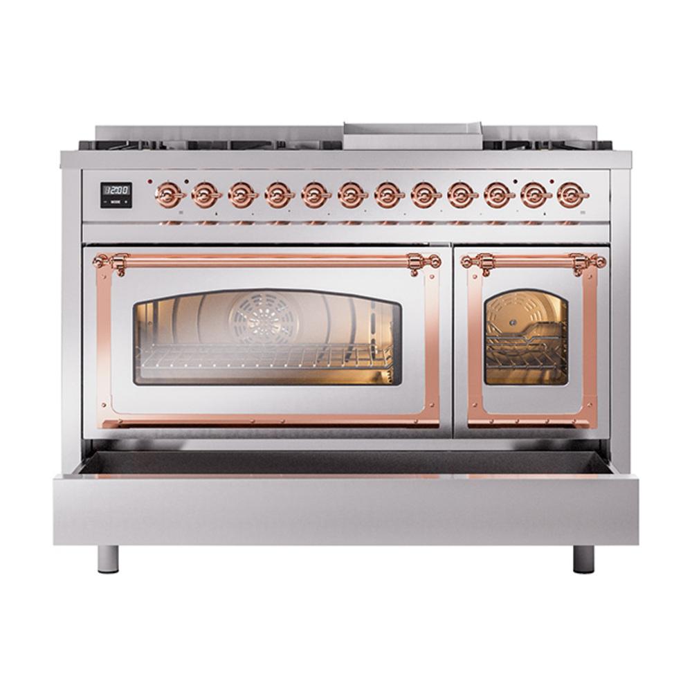 Ilve UN48FNMPSSPLP Ilve Un48Fnmpssplp Nostalgie Ii Noblesse 48" Dual Fuel Range (8 Sealed Burners + Griddle, Liquid Propane, Triple Glass Door, Stainless Steel, Copper)