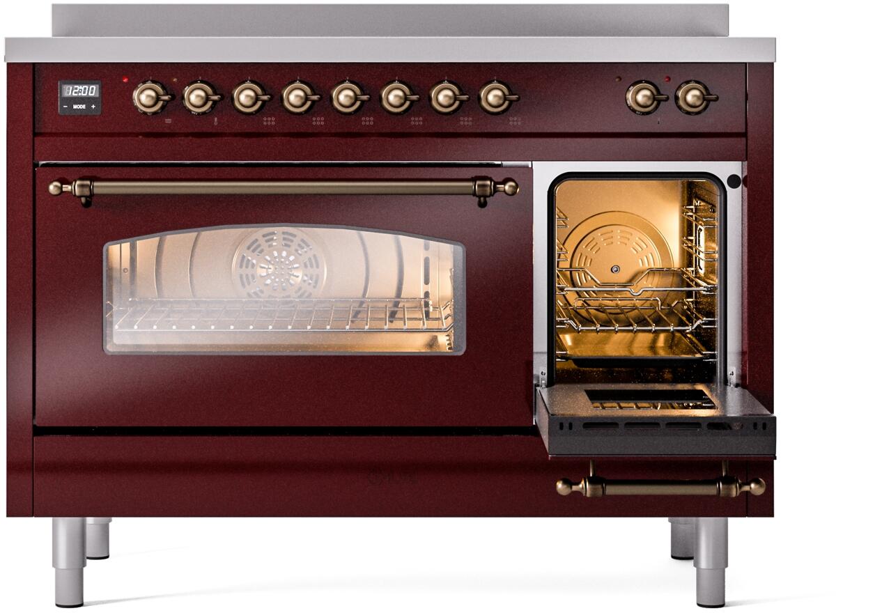 Ilve UPI486NMPBUB Nostalgie Ii 48 Inch Electric Freestanding Range In Burgundy With Bronze Trim