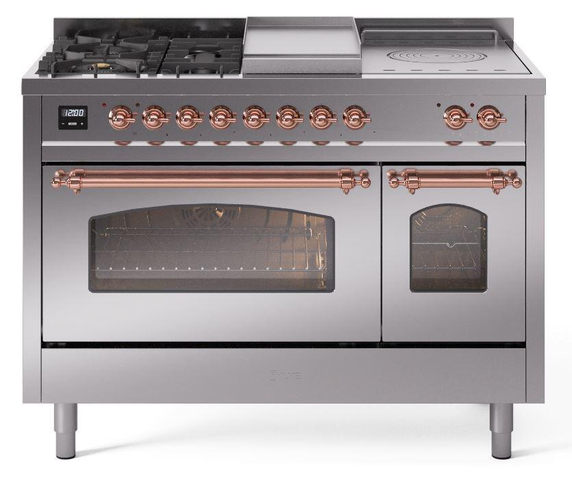 Ilve UP48FSNMPSSP Nostalgie Ii 48 Inch Dual Fuel Natural Gas Freestanding Range In Stainless Steel With Copper Trim