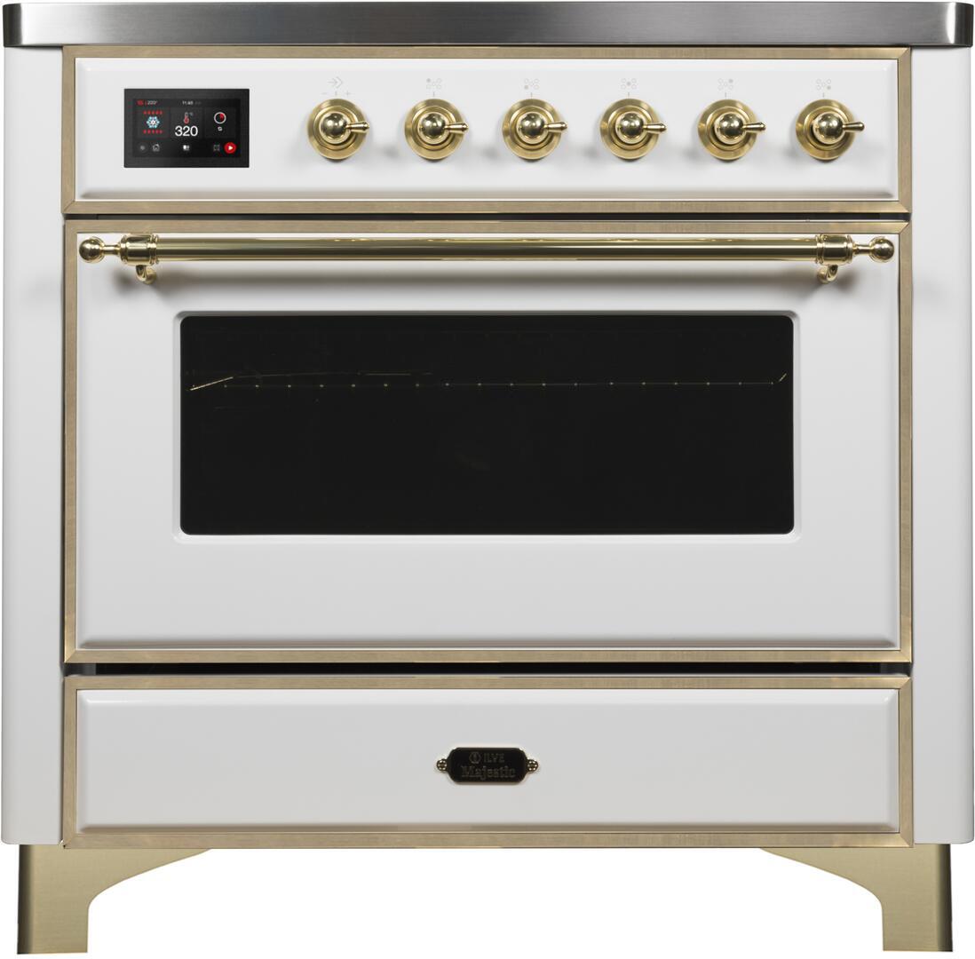 Ilve UMI09NS3WHG Majestic Ii 36 Inch Electric Freestanding Range In White With Brass Trim