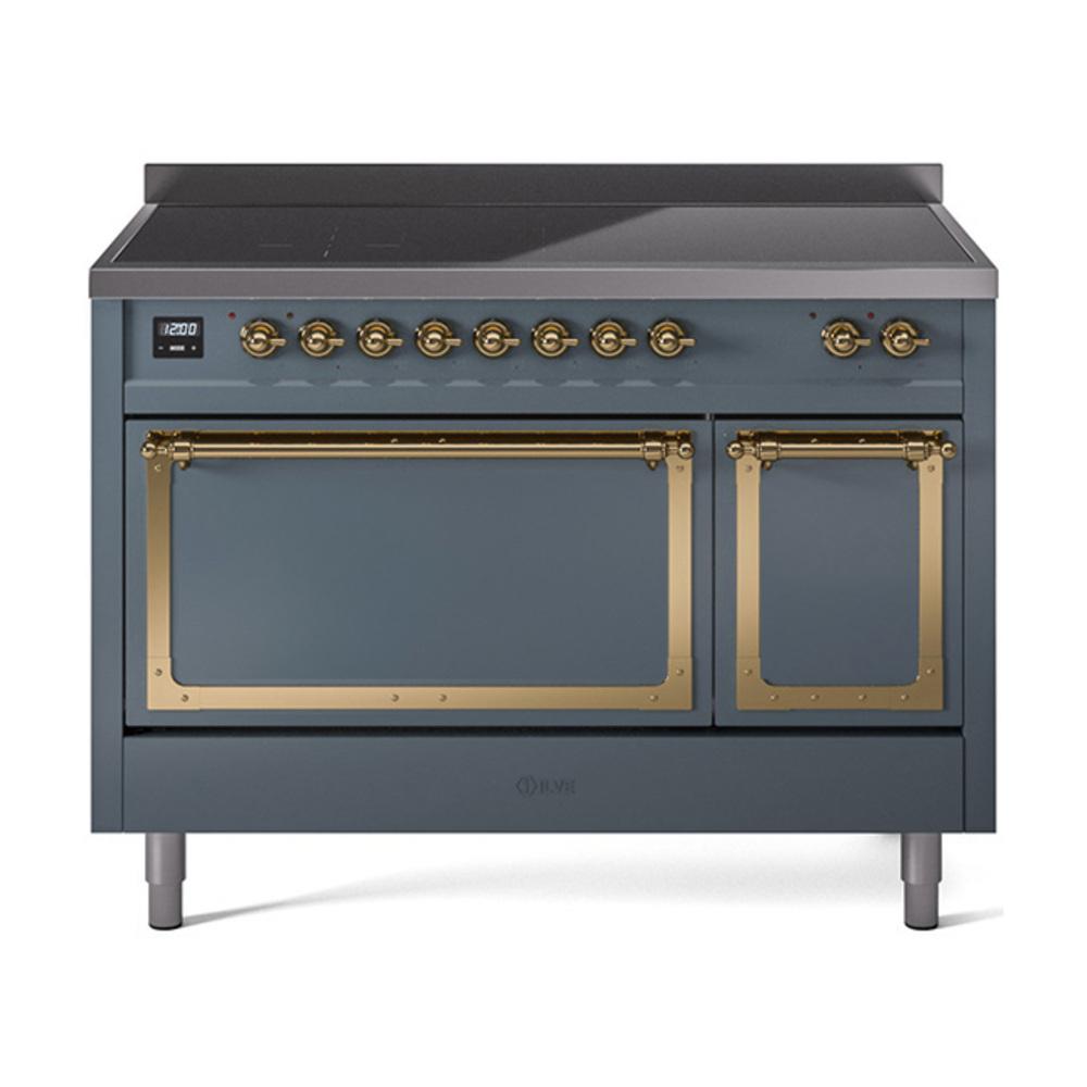 Ilve UNI486QNMPBGG Ilve Uni486Qnmpbgg Nostalgie Ii Noblesse 48" Induction Range (Solid Door, Blue Grey, Brass)