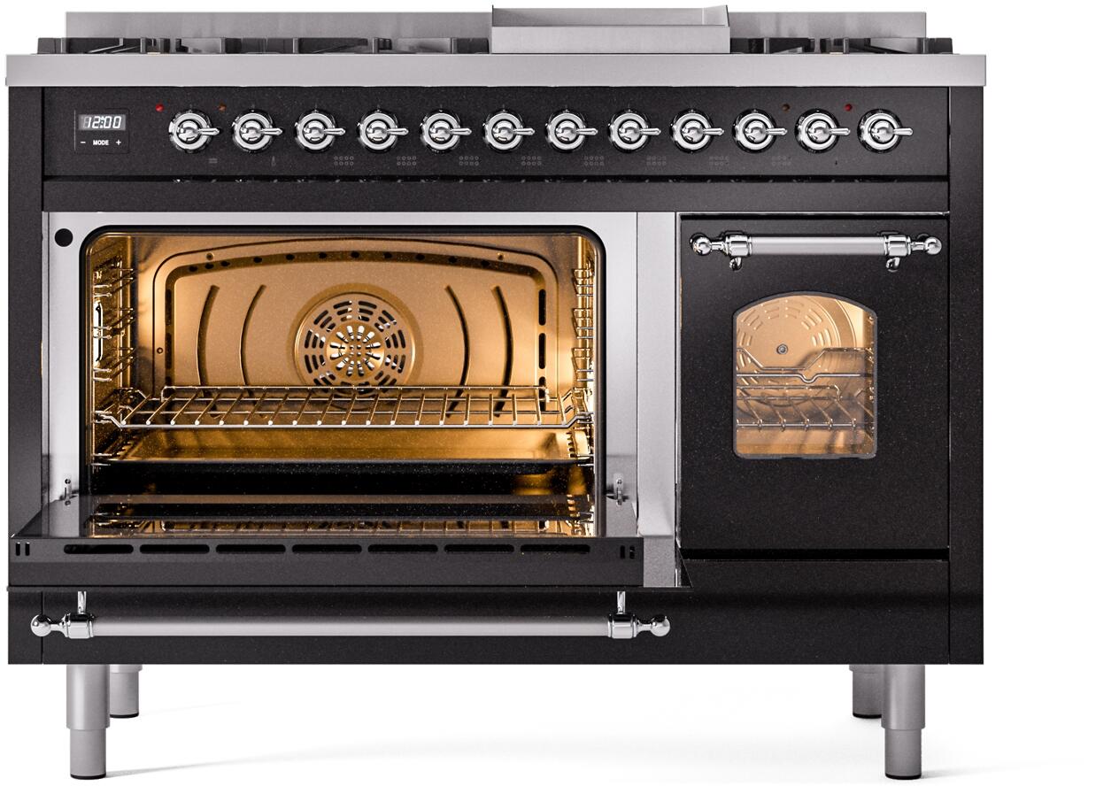 Ilve UP48FNMPBKC Nostalgie Ii 48 Inch Dual Fuel Natural Gas Freestanding Range In Glossy Black With Chrome Trim