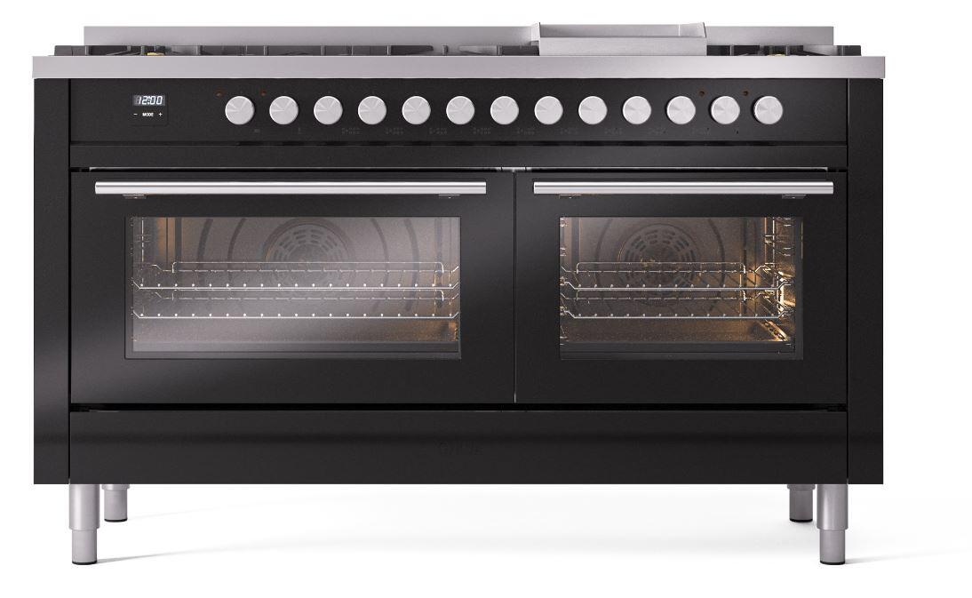 Ilve UP60FWMPBK Professional Plus Ii 60 Inch Dual Fuel Natural Gas Freestanding Range In Glossy Black With Trim