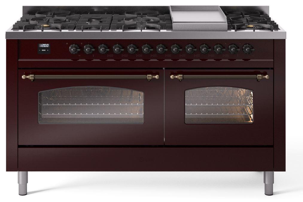 Ilve UP60FNMPBUBLP Nostalgie Ii 60 Inch Dual Fuel Liquid Propane Freestanding Range In Burgundy With Bronze Trim