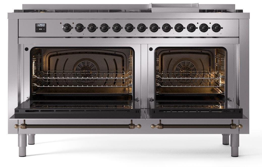 Ilve UP60FNMPSSB Nostalgie Ii 60 Inch Dual Fuel Natural Gas Freestanding Range In Stainless Steel With Bronze Trim