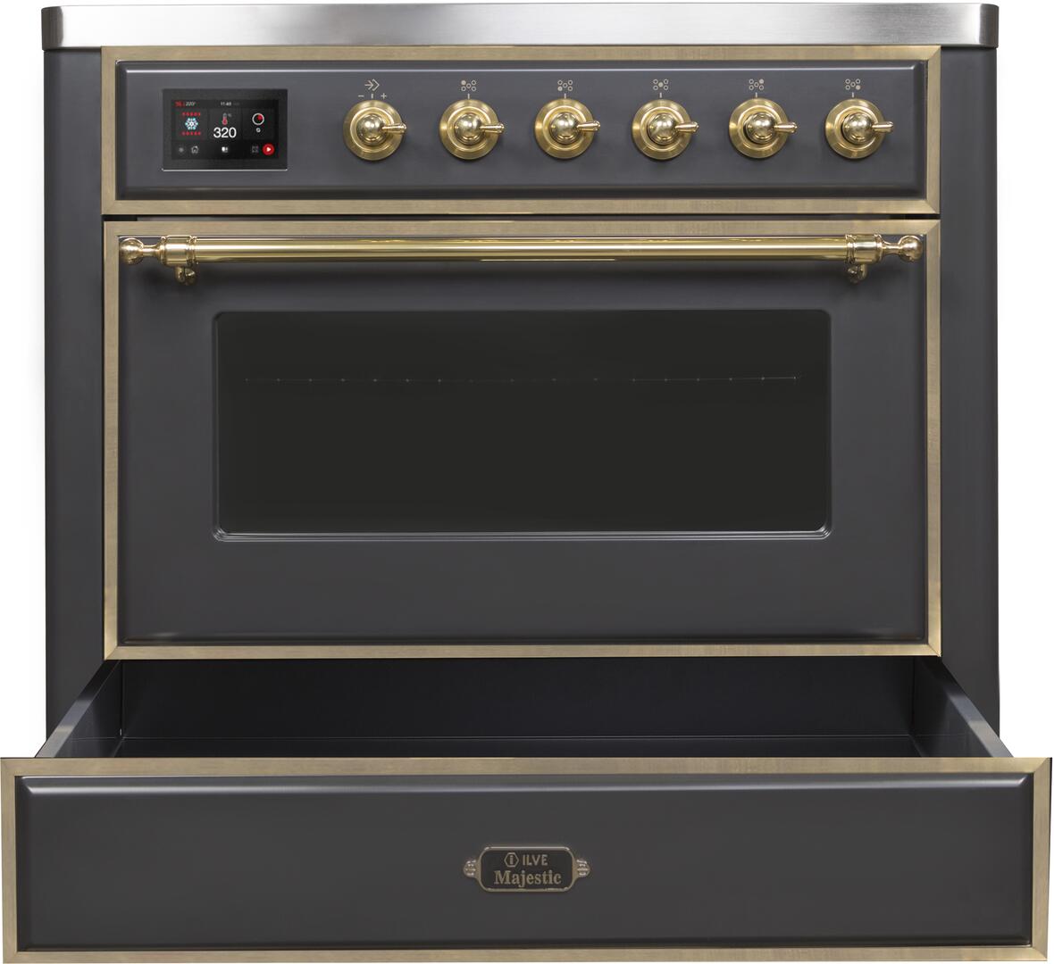 Ilve UMI09NS3MGG Majestic Ii 36 Inch Electric Freestanding Range In Matte Graphite With Brass Trim