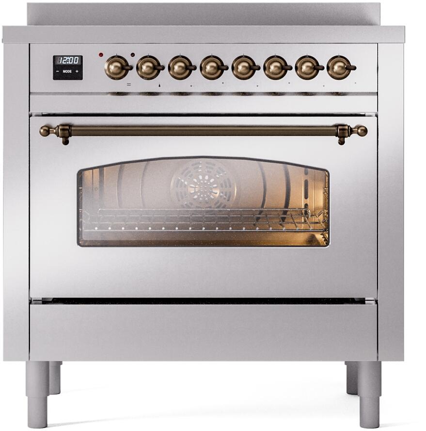 Ilve UPI366NMPSSB Nostalgie Ii 36 Inch Electric Freestanding Range In Stainless Steel With Bronze Trim