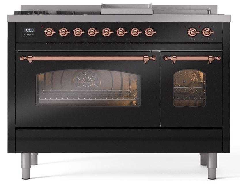 Ilve UP48FSNMPBKC Nostalgie Ii 48 Inch Dual Fuel Natural Gas Freestanding Range In Glossy Black With Copper Trim