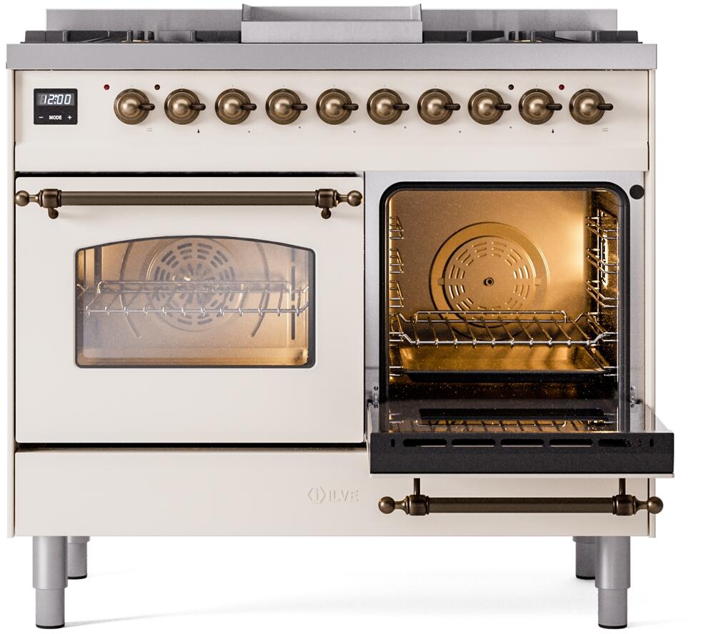 Ilve UPD40FNMPAWBLP Nostalgie Ii 40 Inch Dual Fuel Liquid Propane Freestanding Range In Antique White With Bronze Trim