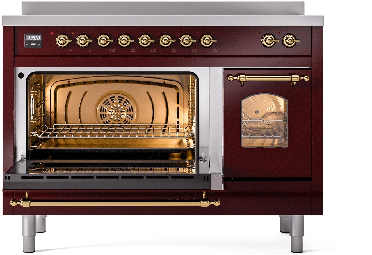 Ilve UPI486NMPBUG Nostalgie Ii 48 Inch Electric Freestanding Range In Burgundy With Brass Trim