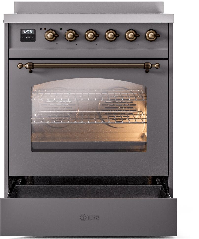 Ilve UPI304NMPMGB Nostalgie Ii 30 Inch Electric Freestanding Range In Matte Graphite With Bronze Trim