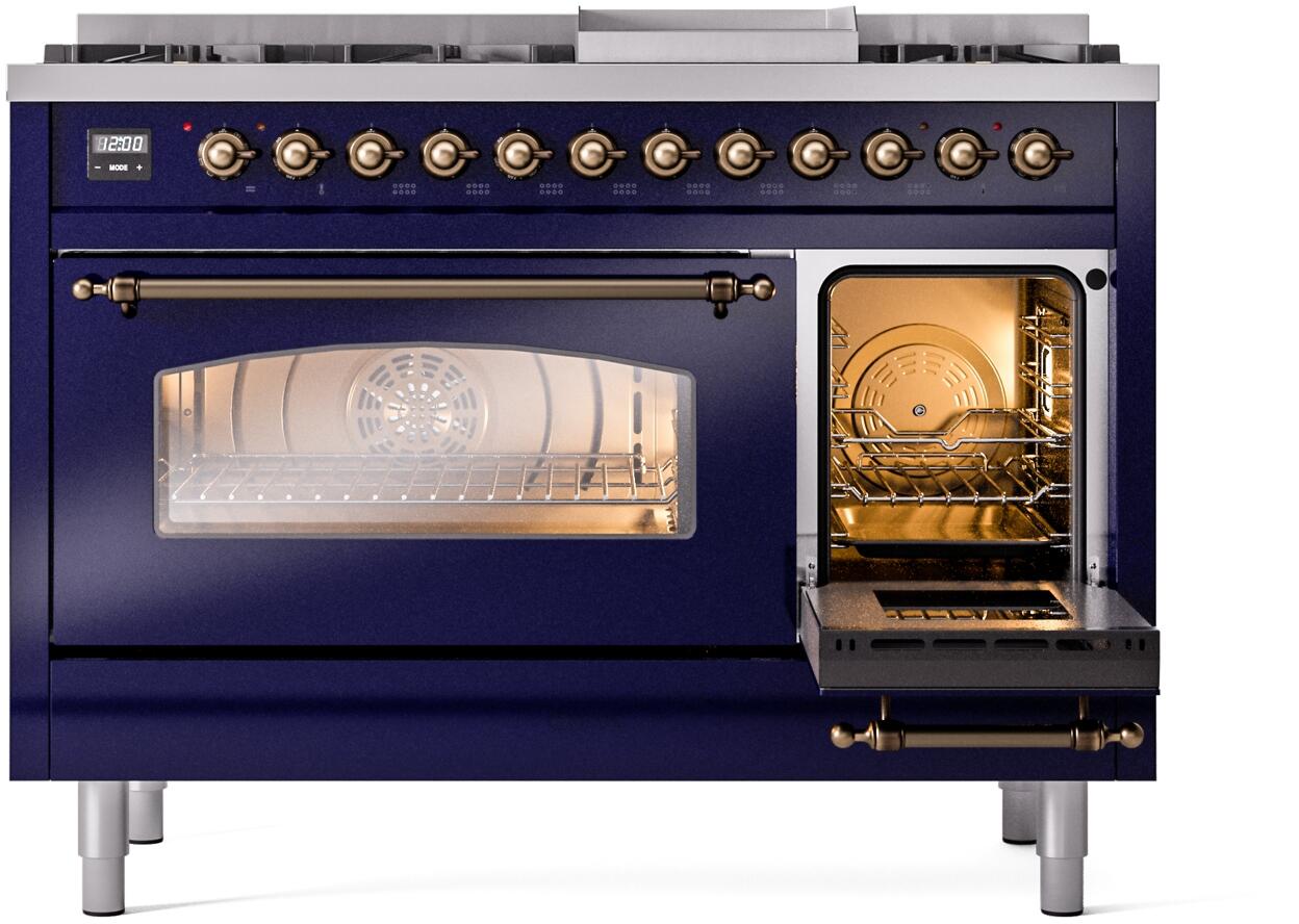 Ilve UP48FNMPMBBLP Nostalgie Ii 48 Inch Dual Fuel Liquid Propane Freestanding Range In Blue With Bronze Trim