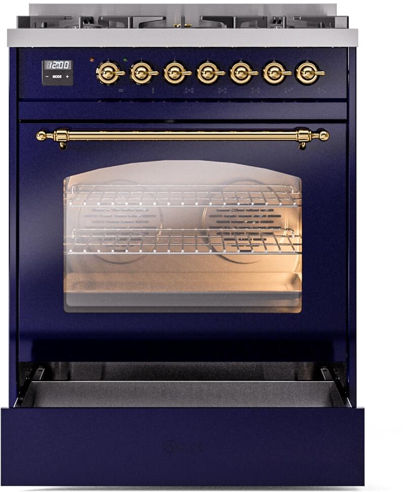 Ilve UP30NMPMBGLP Nostalgie Ii 30 Inch Dual Fuel Liquid Propane Freestanding Range In Blue With Brass Trim