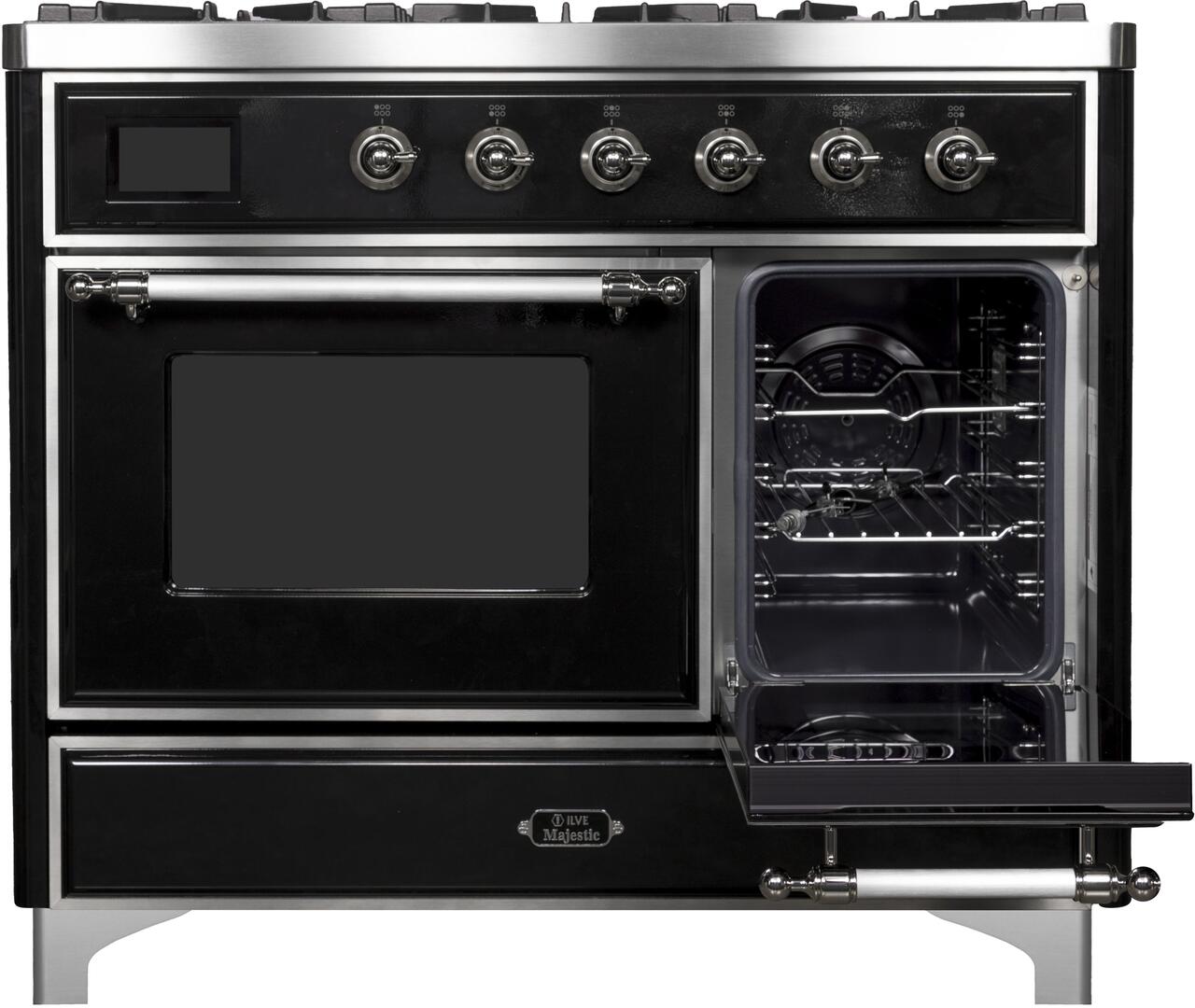 Ilve UMD10FDNS3BKC Majestic Ii 40 Inch Dual Fuel Natural Gas Freestanding Range In Glossy Black With Chrome Trim