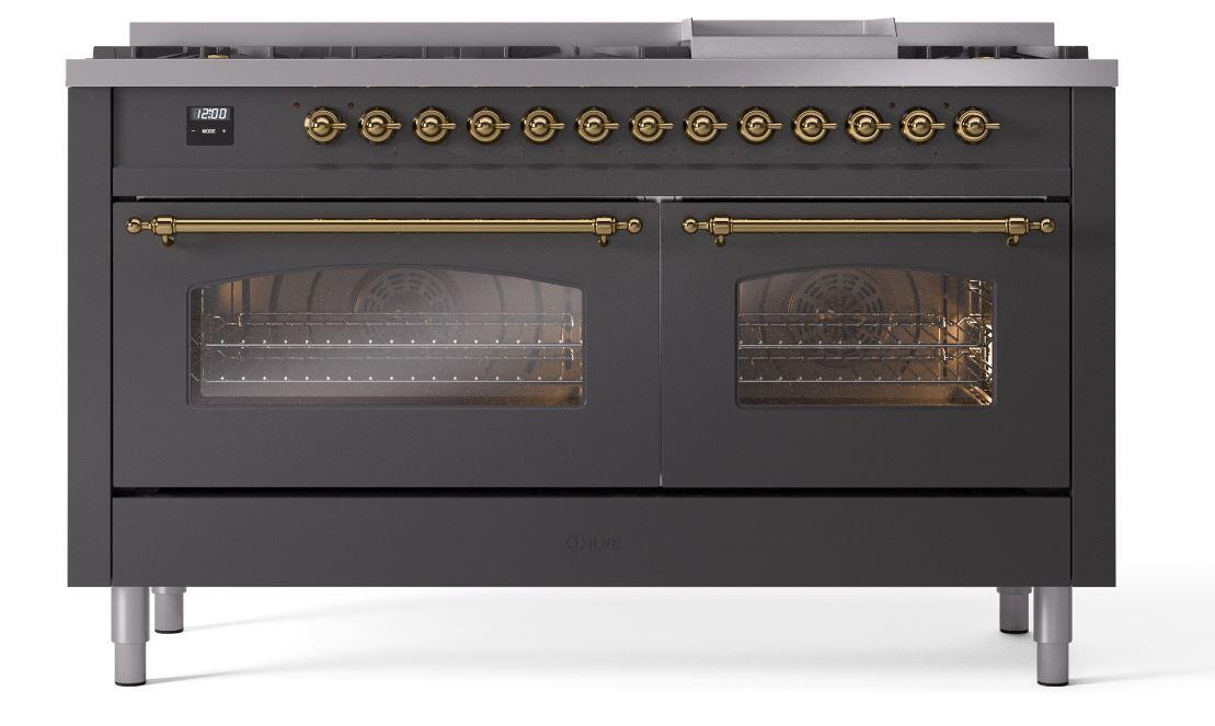 Ilve UP60FNMPMGG Nostalgie Ii 60 Inch Dual Fuel Natural Gas Freestanding Range In Matte Graphite With Brass Trim