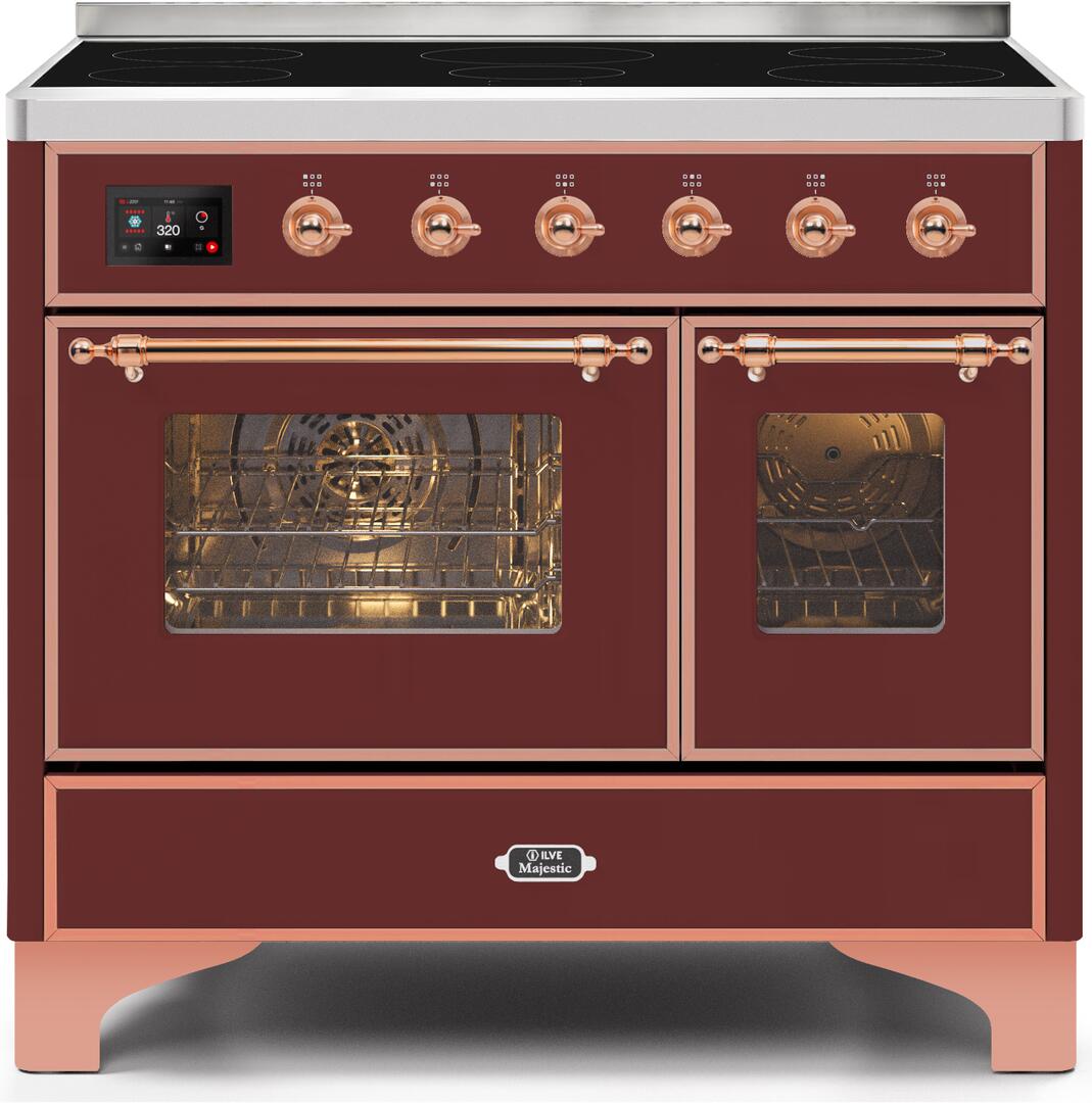 Ilve UMDI10NS3BUP Majestic Ii 40 Inch Electric Freestanding Range In Burgundy With Copper Trim