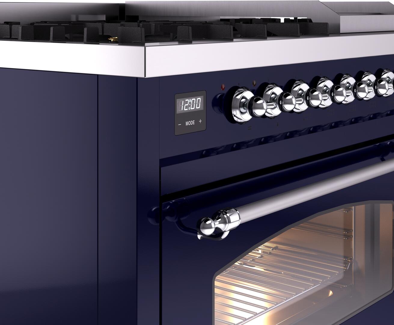 Ilve UP48FNMPMBC Nostalgie Ii 48 Inch Dual Fuel Natural Gas Freestanding Range In Blue With Chrome Trim