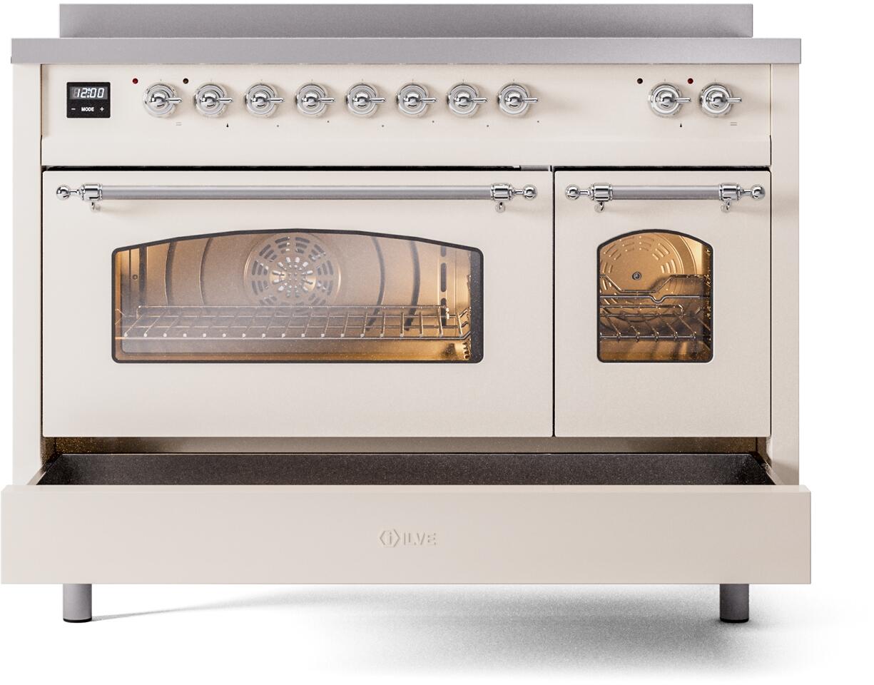 Ilve UPI486NMPAWC Nostalgie Ii 48 Inch Electric Freestanding Range In Antique White With Chrome Trim