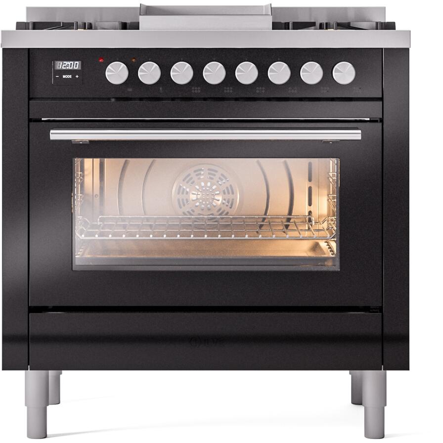 Ilve UP36FWMPBK Professional Plus Ii 36 Inch Dual Fuel Natural Gas Freestanding Range In Glossy Black With Trim