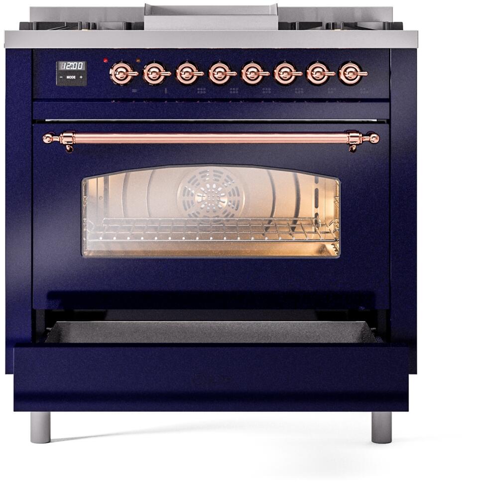 Ilve UP36FNMPMBP Nostalgie Ii 36 Inch Dual Fuel Natural Gas Freestanding Range In Blue With Copper Trim