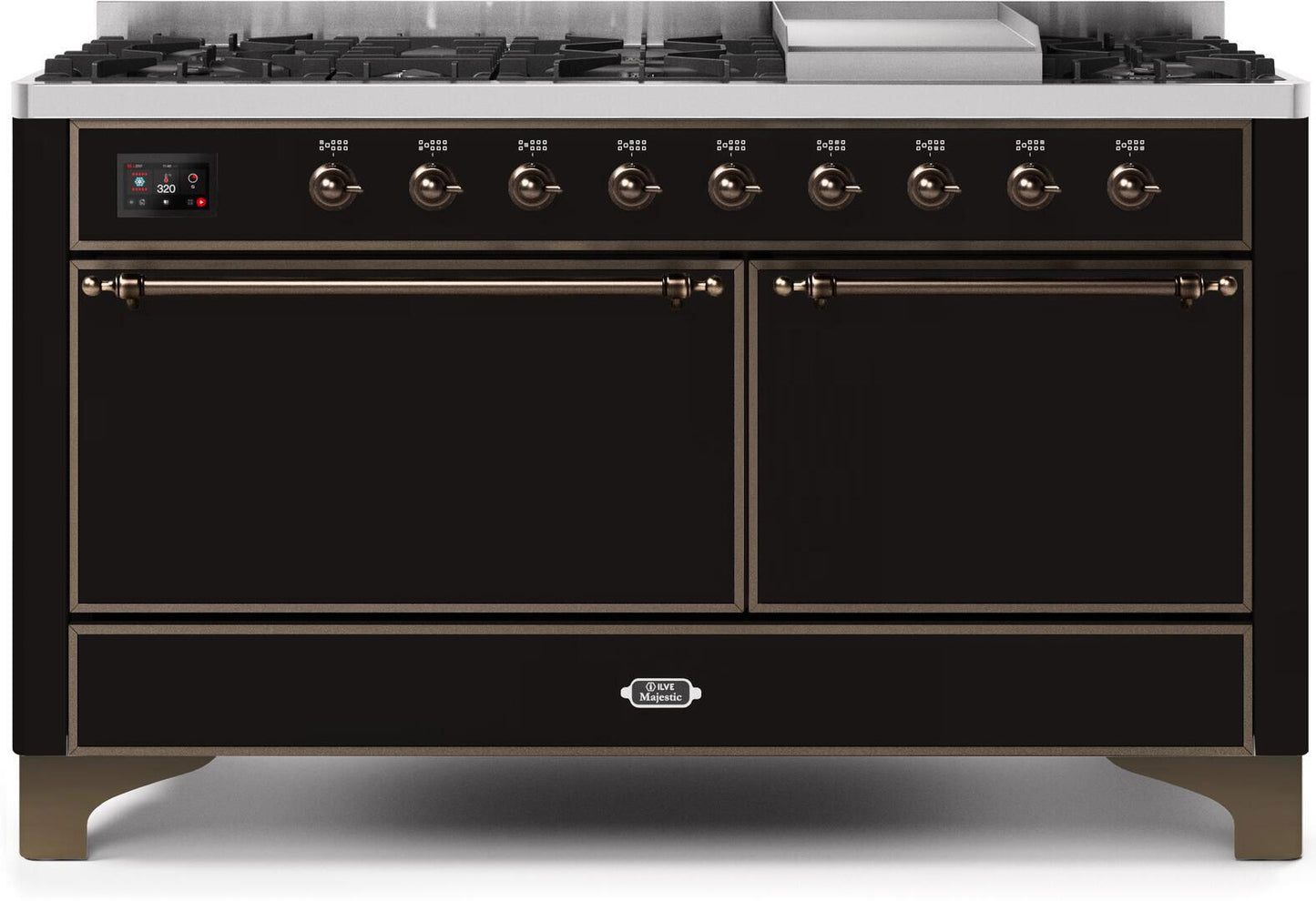 Ilve UM15FDQNS3BKBLP Majestic Ii 60 Inch Dual Fuel Liquid Propane Freestanding Range In Glossy Black With Bronze Trim