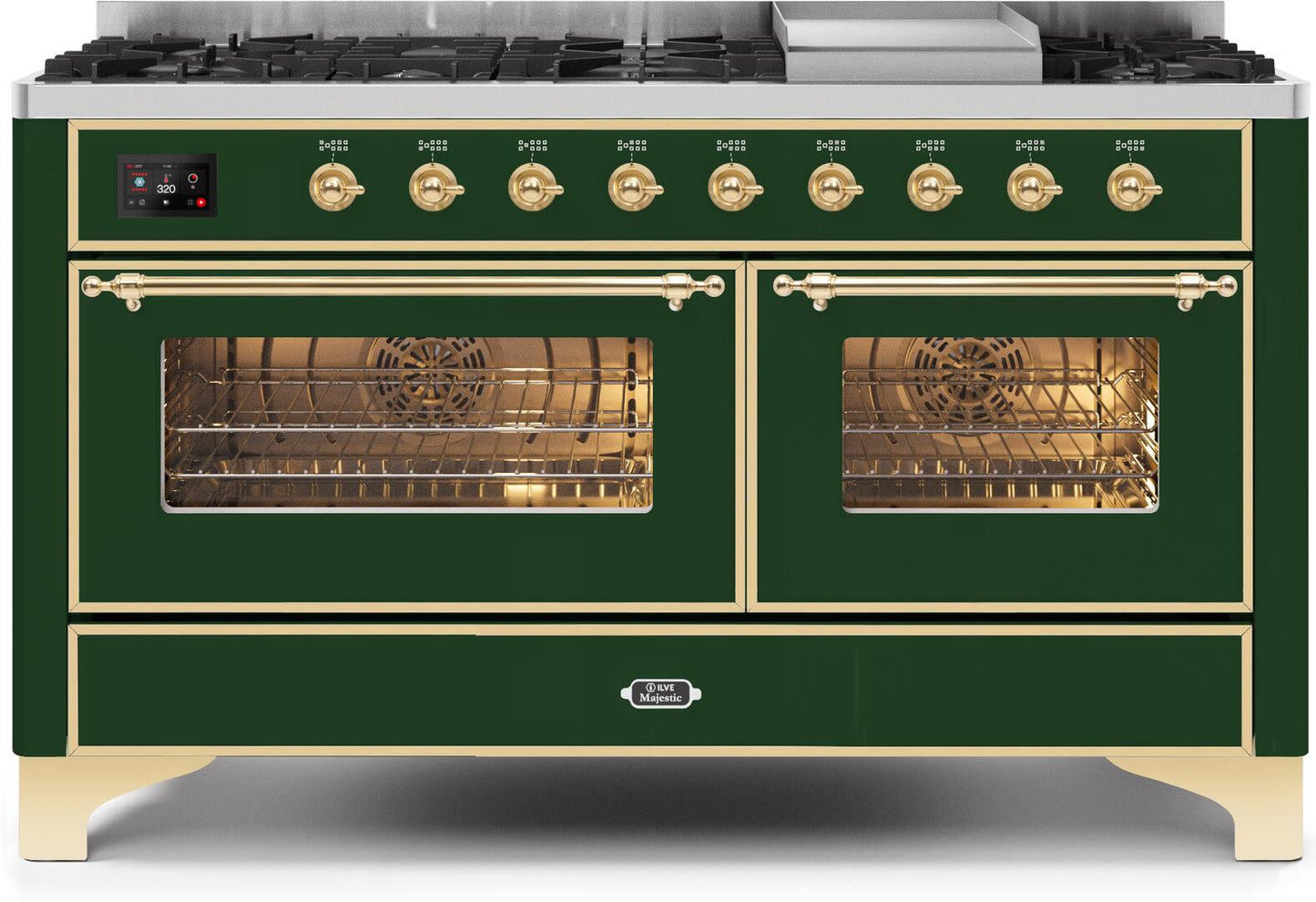 Ilve UM15FDNS3EGG Majestic Ii 60 Inch Dual Fuel Natural Gas Freestanding Range In Emerald Green With Brass Trim