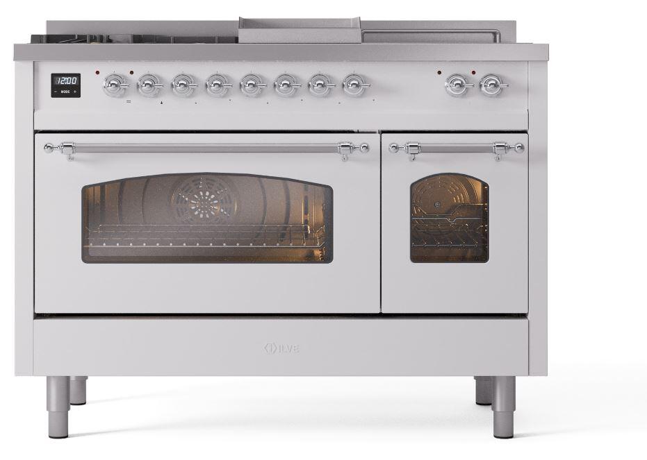 Ilve UP48FSNMPWHC Nostalgie Ii 48 Inch Dual Fuel Natural Gas Freestanding Range In White With Chrome Trim