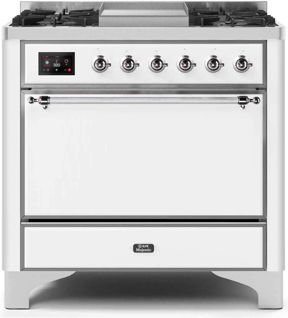 Ilve UM09FDQNS3WHCLP Majestic Ii 36 Inch Dual Fuel Liquid Propane Freestanding Range In White With Chrome Trim