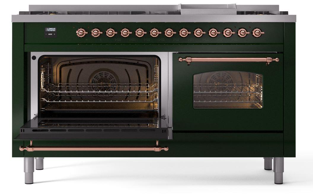 Ilve UP60FNMPEGPLP Nostalgie Ii 60 Inch Dual Fuel Liquid Propane Freestanding Range In Emerald Green With Copper Trim