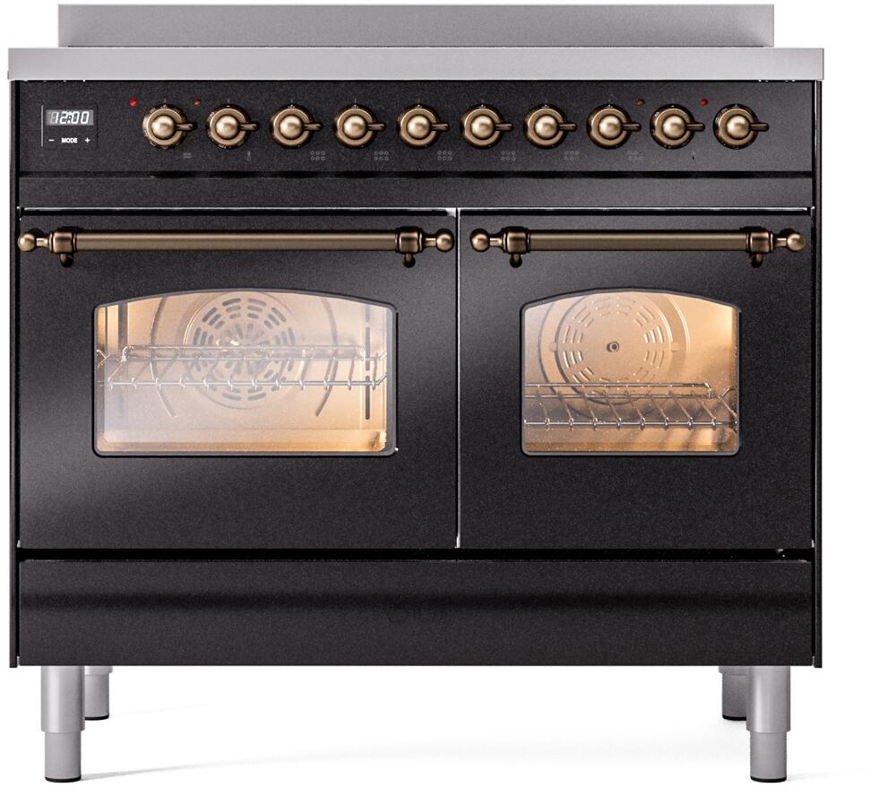 Ilve UPDI406NMPBKB Nostalgie Ii 40 Inch Electric Freestanding Range In Glossy Black With Bronze Trim