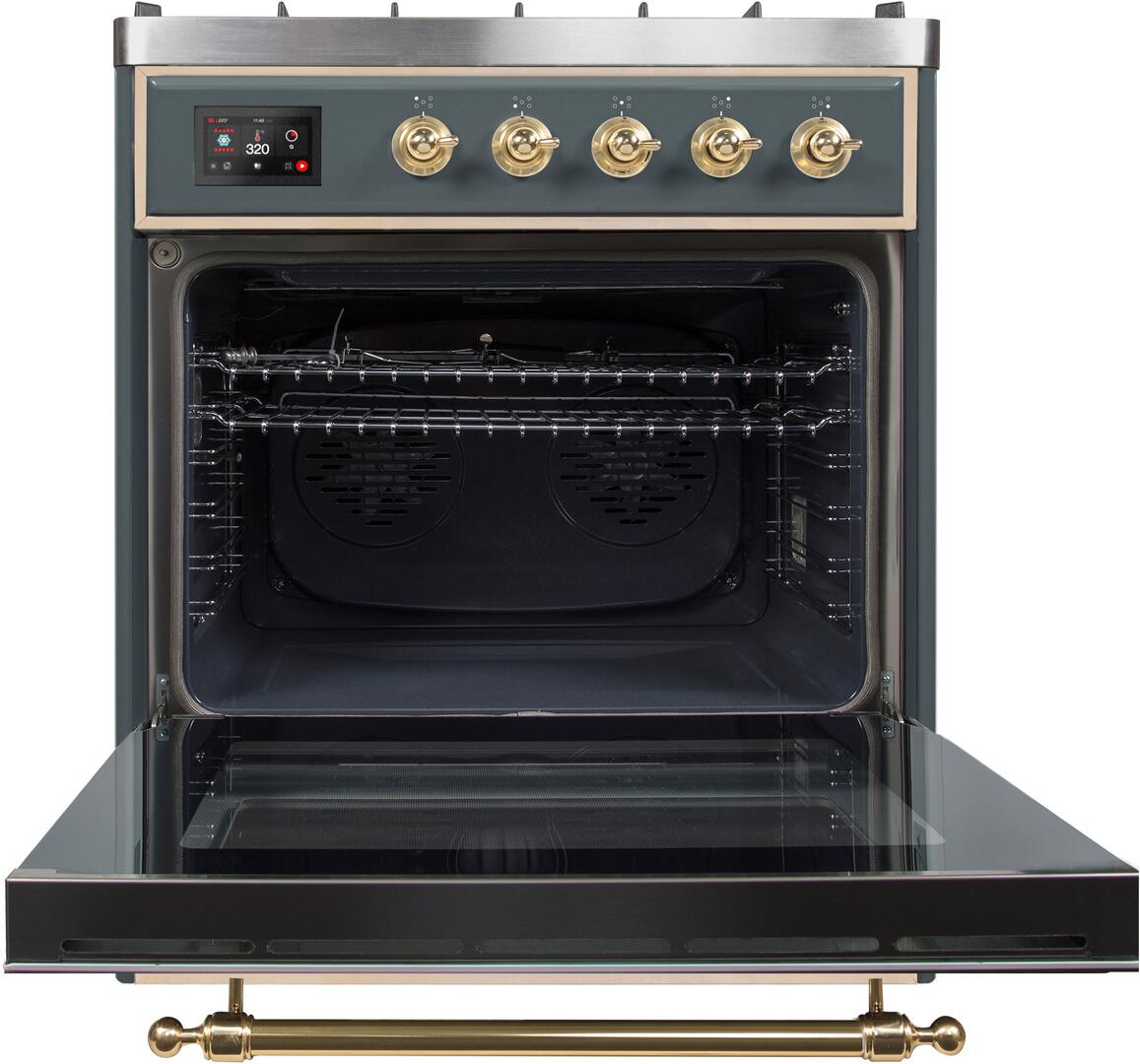 Ilve UM30DNE3BGG Majestic Ii 30 Inch Dual Fuel Natural Gas Freestanding Range In Blue Grey With Brass Trim