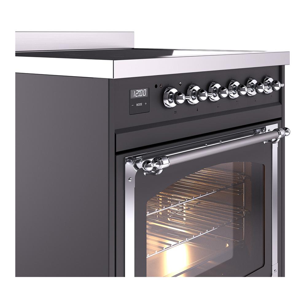 Ilve UNI304NMPMGC Ilve Uni304Nmpmgc Nostalgie Ii Noblesse 30" Induction Range (Triple Glass Door, Graphite Matte, Chrome)