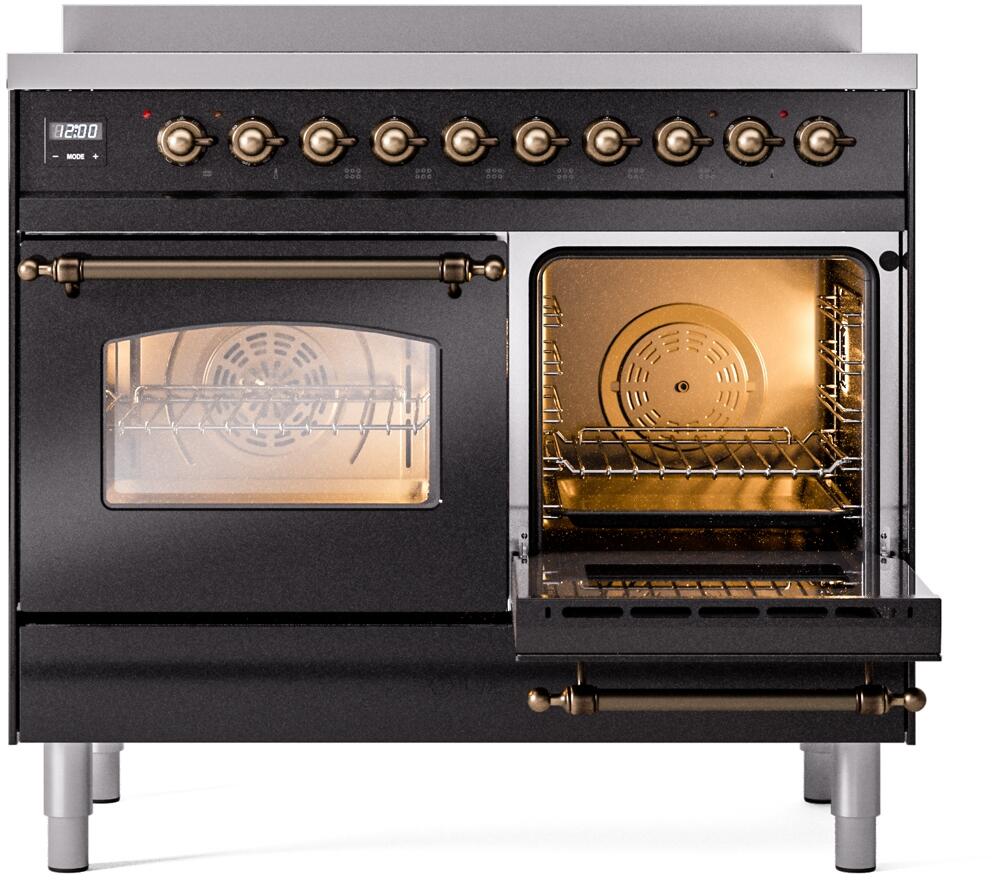 Ilve UPDI406NMPBKB Nostalgie Ii 40 Inch Electric Freestanding Range In Glossy Black With Bronze Trim