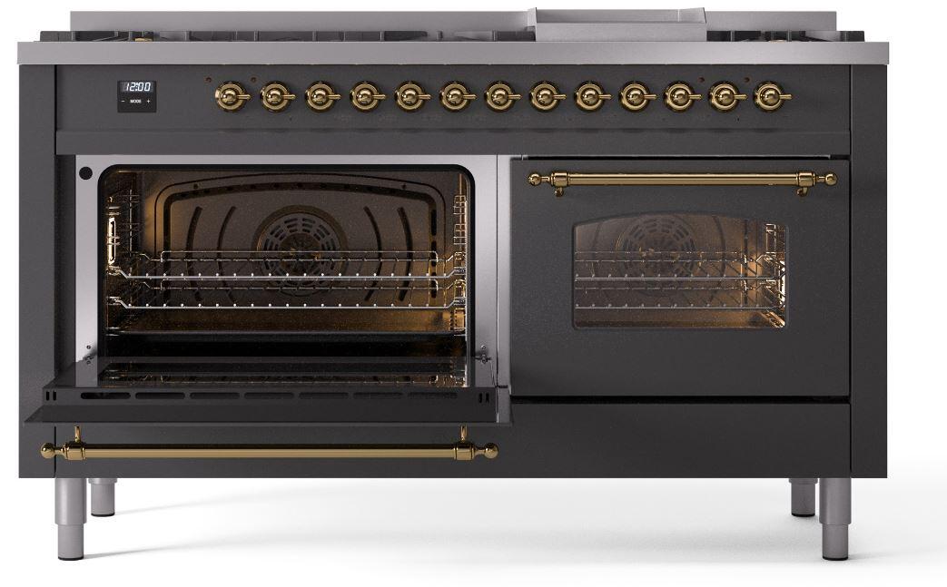 Ilve UP60FNMPMGG Nostalgie Ii 60 Inch Dual Fuel Natural Gas Freestanding Range In Matte Graphite With Brass Trim