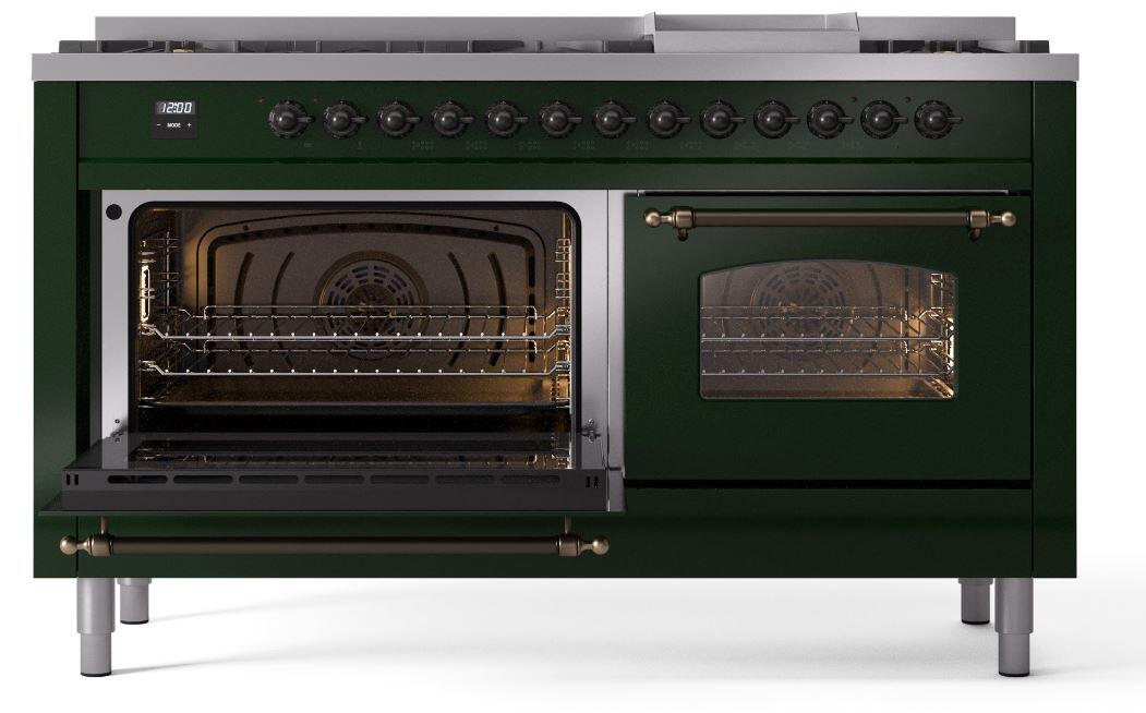 Ilve UP60FNMPEGB Nostalgie Ii 60 Inch Dual Fuel Natural Gas Freestanding Range In Emerald Green With Bronze Trim