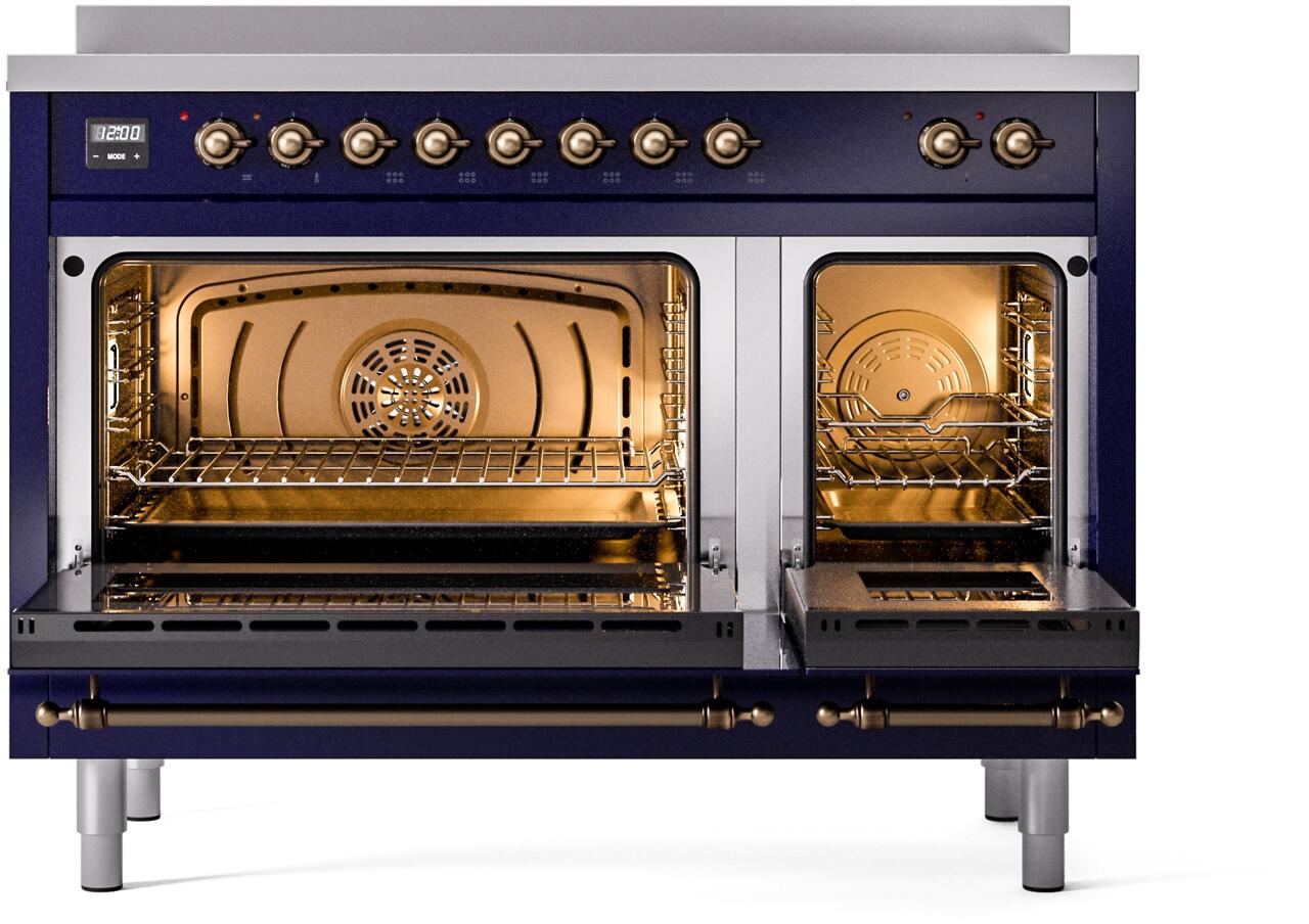 Ilve UPI486NMPMBB Nostalgie Ii 48 Inch Electric Freestanding Range In Blue With Bronze Trim