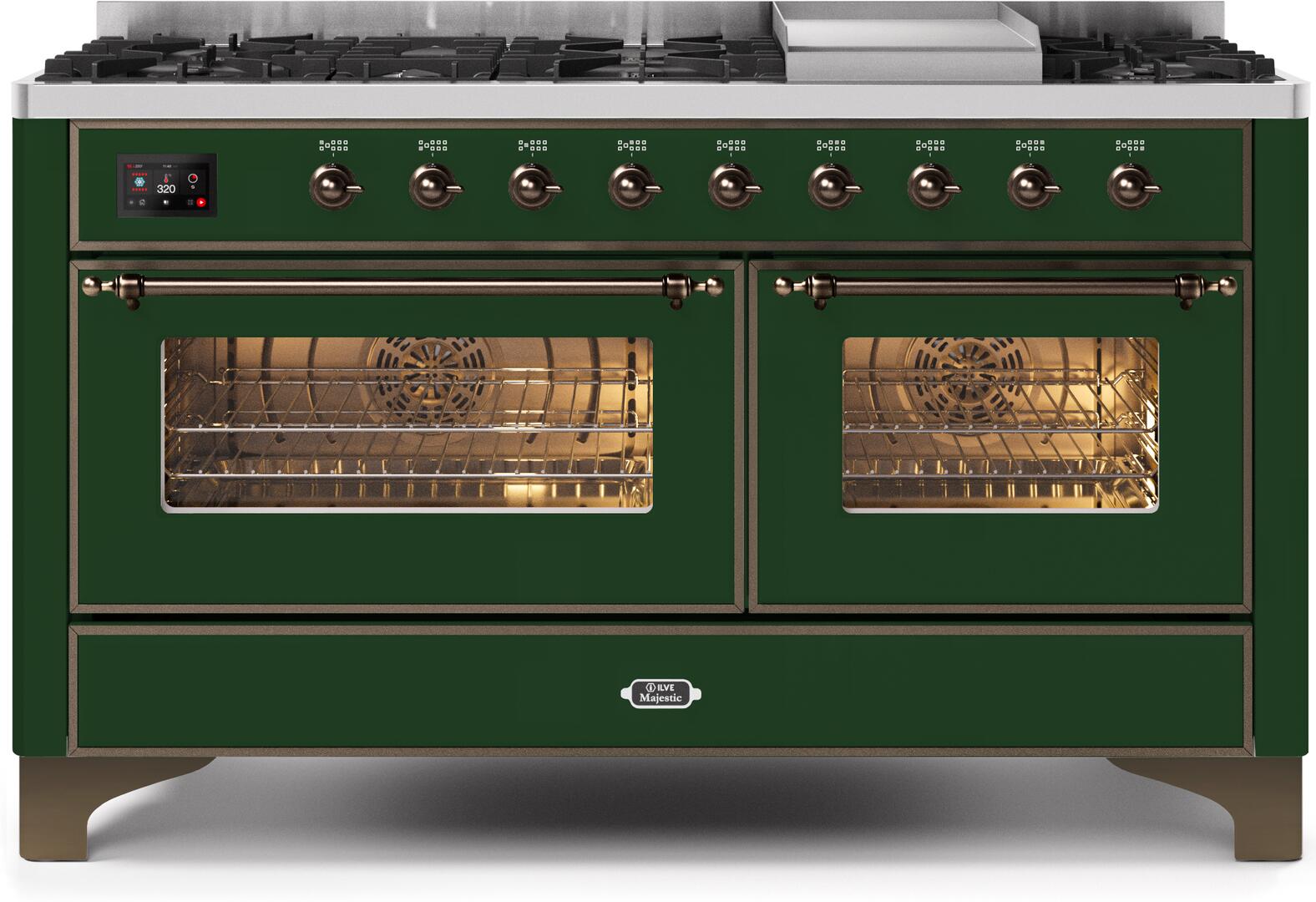 Ilve UM15FDNS3EGB Majestic Ii 60 Inch Dual Fuel Natural Gas Freestanding Range In Emerald Green With Bronze Trim