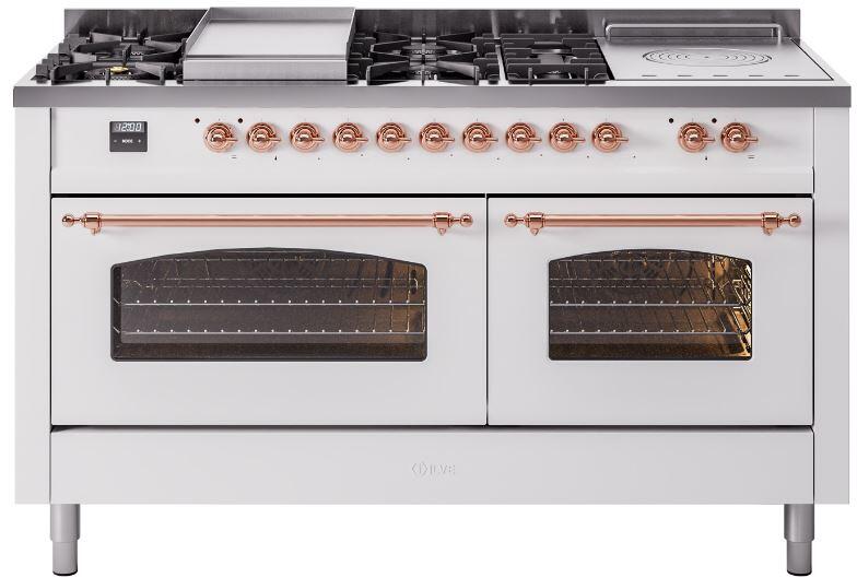 Ilve UP60FSNMPWHP Nostalgie Ii 60 Inch Dual Fuel Natural Gas Freestanding Range In White With Copper Trim