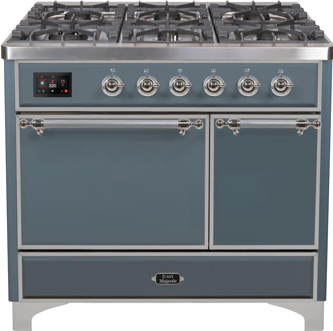 Ilve UMD10FDQNS3BGC Majestic Ii 40 Inch Dual Fuel Natural Gas Freestanding Range In Blue Grey With Chrome Trim