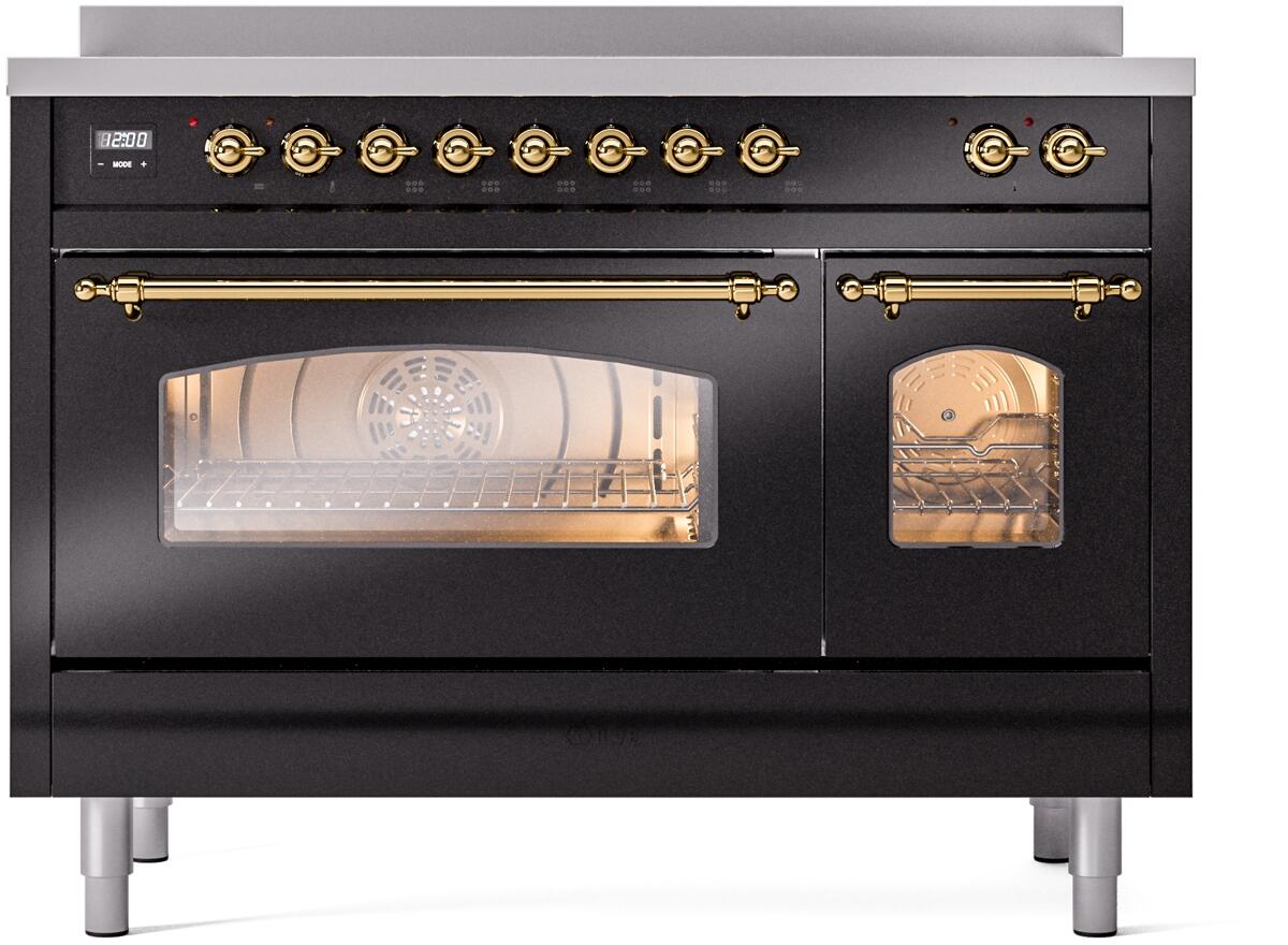 Ilve UPI486NMPBKG Nostalgie Ii 48 Inch Electric Freestanding Range In Glossy Black With Brass Trim